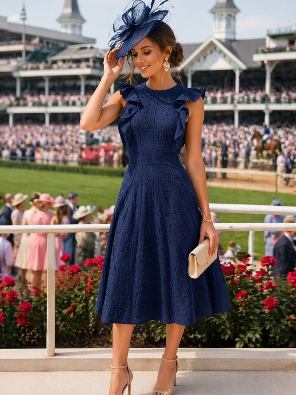NWT Kentucky Derby Eyelet Ruffle Midi Dress - Navy Blue New With Tags